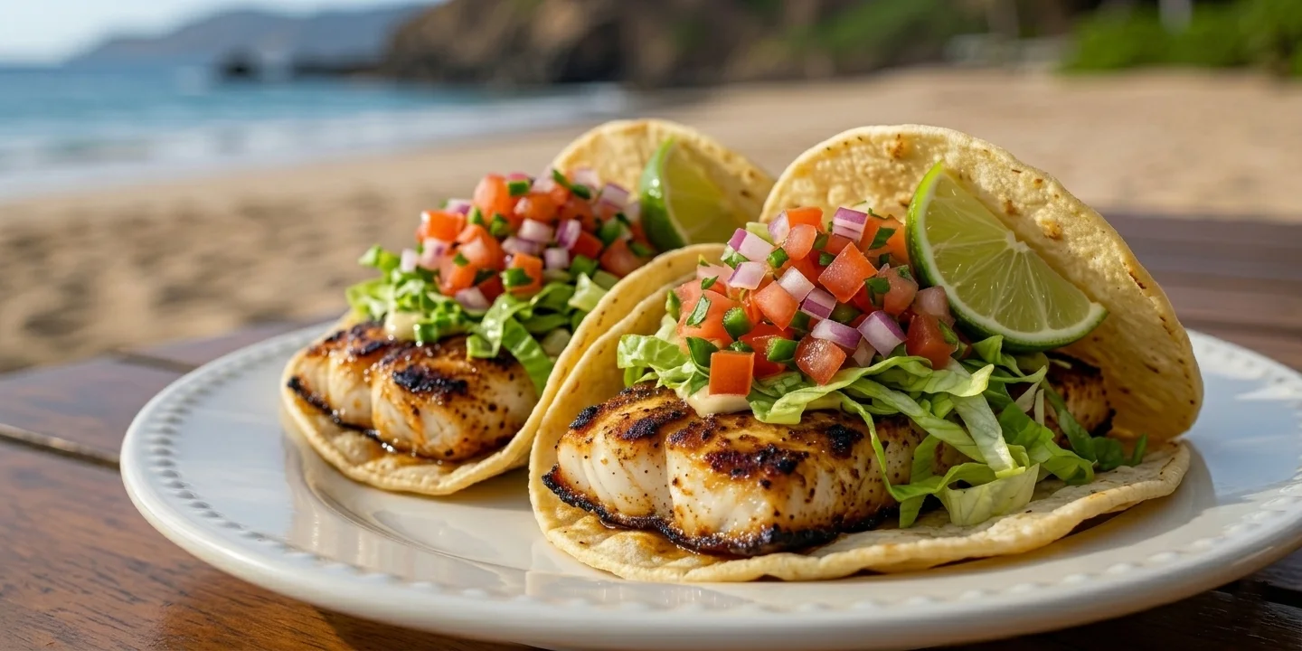 Golden crispy fish tacos with fresh lettuce, lime, and surf sauce at North Shore Tacos