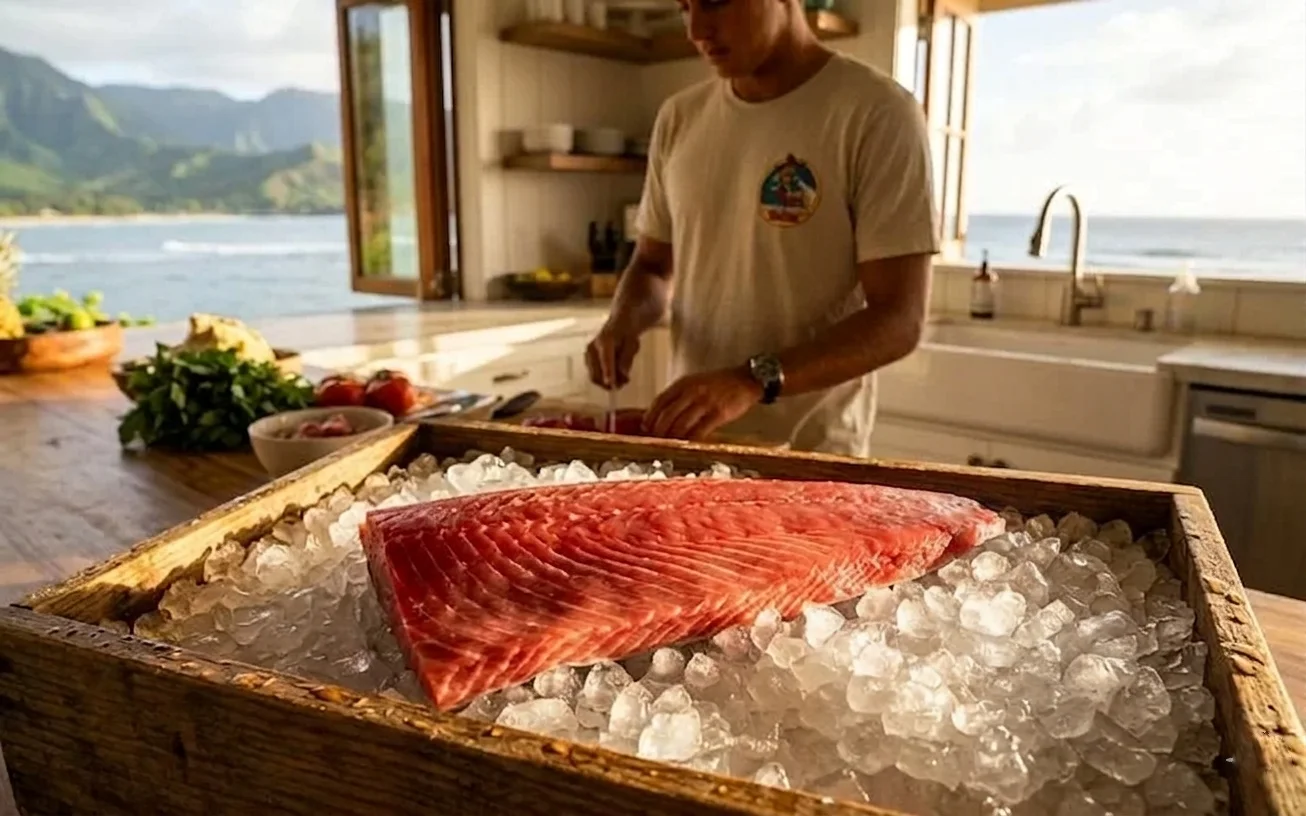 Variety of fresh Hawaiian fish species laid out on ice at a local fish market