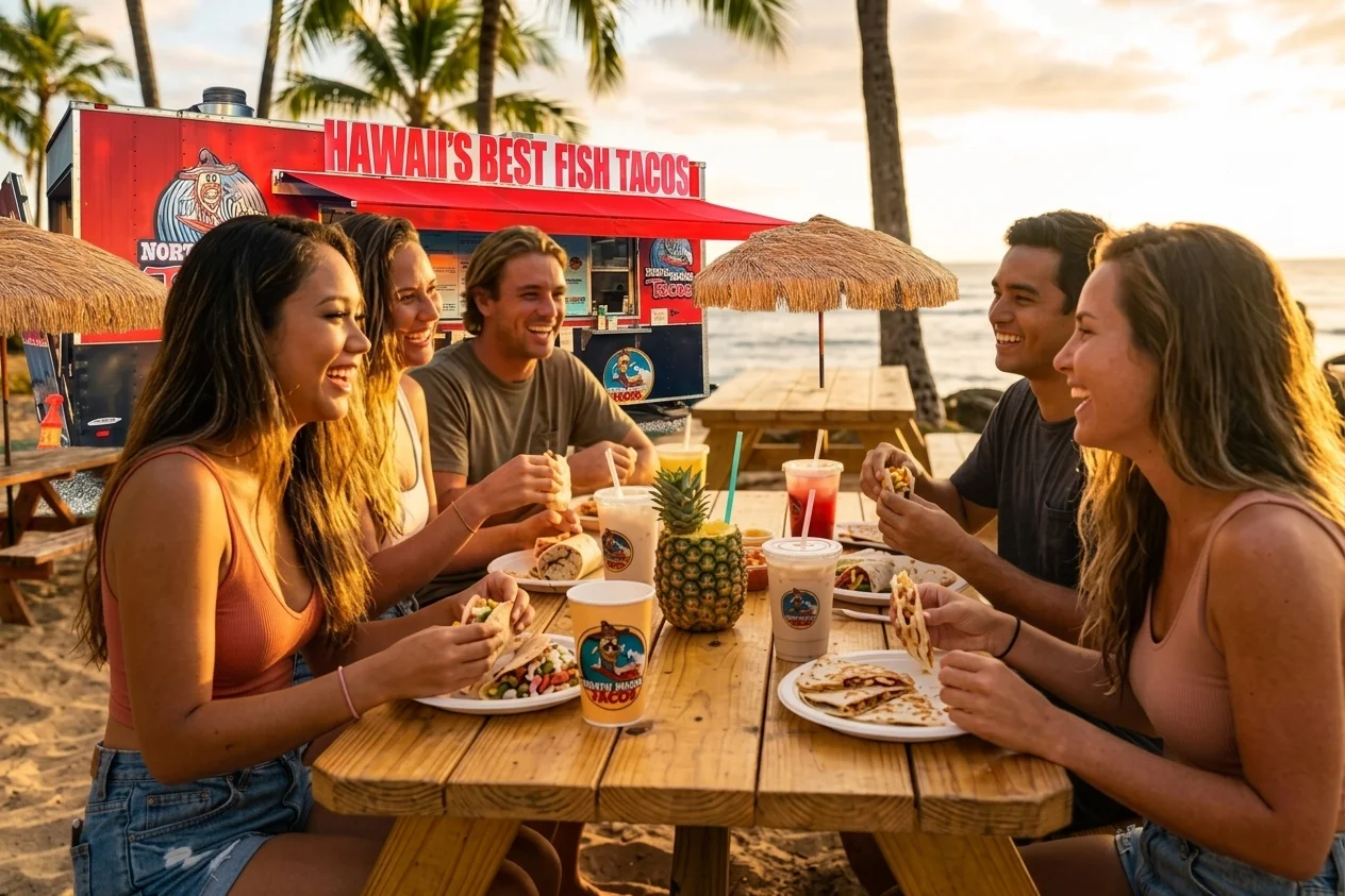North Shore Tacos Hau'ula restaurant exterior with colorful signage and palm trees