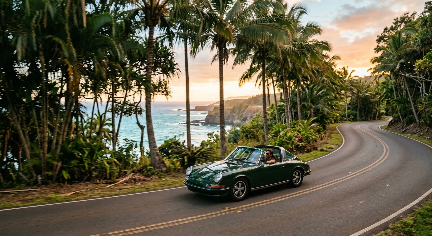 Car driving along a tree-lined section of road with ocean visible through the palms