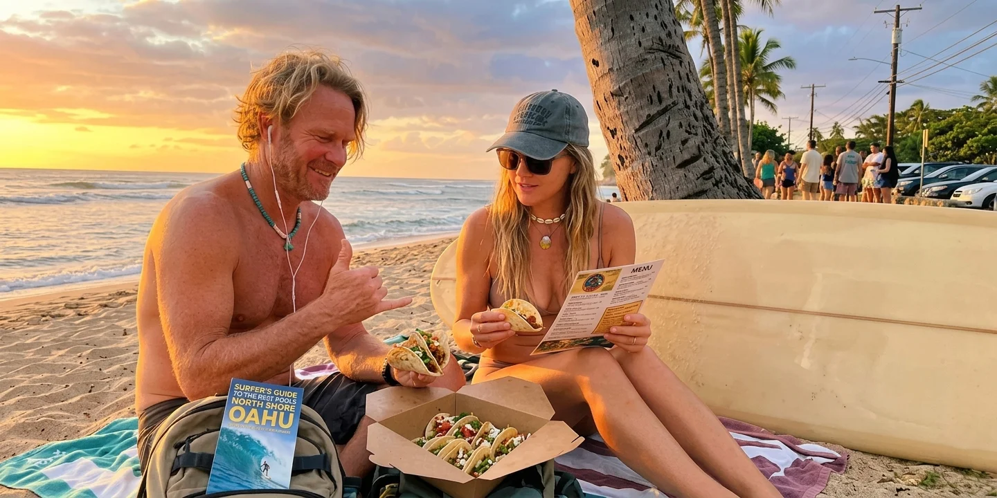 Surfboards on the beach at sunset with fish tacos on a nearby table